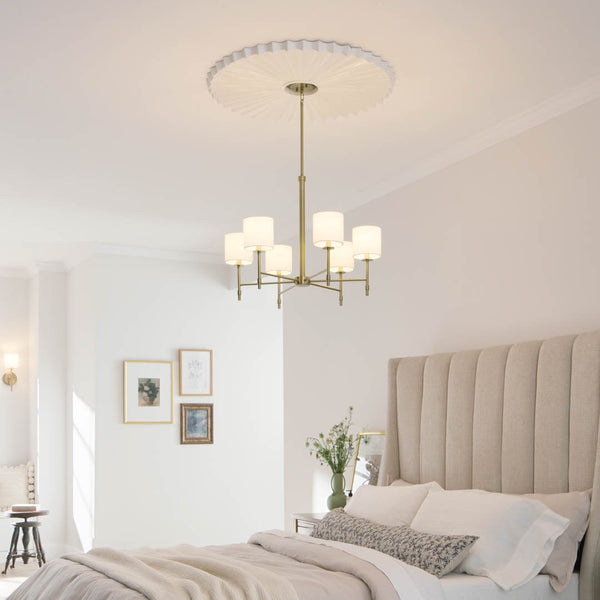 Janie 28" Six Lights Chandelier, Brushed Natural Brass / Fabric Drum Shade