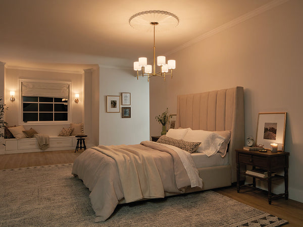 Janie 28" Six Lights Chandelier, Brushed Natural Brass / Fabric Drum Shade