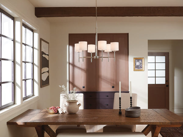 Janie 28" Six Lights Chandelier, Polished Nickel / Fabric Drum Shade