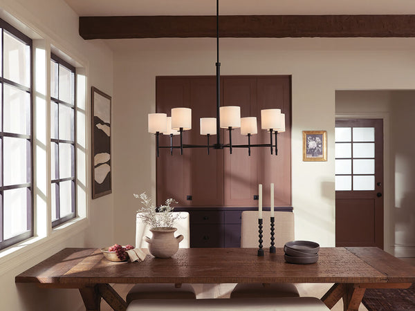 Janie 39" Eight Lights Chandelier, Black / Fabric Drum Shade