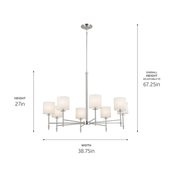 Janie 39" Eight Lights Chandelier, Polished Nickel / Fabric Drum Shade