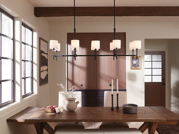 Janie 17" Ten Lights Linear Chandelier, Black / Fabric Drum Shade