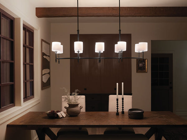 Janie 17" Ten Lights Linear Chandelier, Black / Fabric Drum Shade