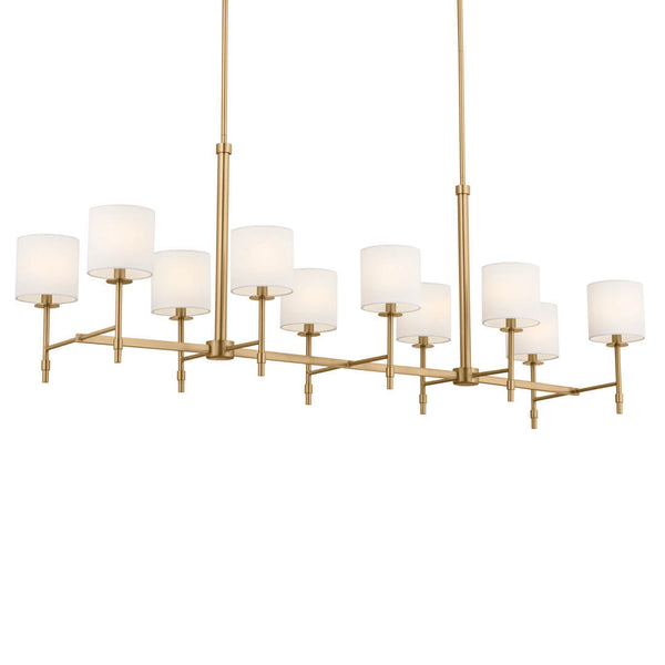 Janie 17" Ten Lights Linear Chandelier, Brushed Natural Brass / Fabric Drum Shade
