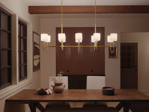 Janie 17" Ten Lights Linear Chandelier, Brushed Natural Brass / Fabric Drum Shade