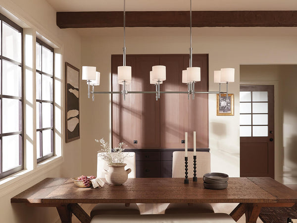 Janie 17" Ten Lights Linear Chandelier, Polished Nickel / Fabric Drum Shade