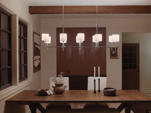 Janie 17" Ten Lights Linear Chandelier, Polished Nickel / Fabric Drum Shade