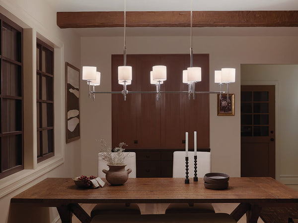 Janie 17" Ten Lights Linear Chandelier, Polished Nickel / Fabric Drum Shade