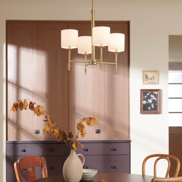 Janie 20" Four Lights Mini Chandelier, Brushed Natural Brass / Fabric Drum Shade