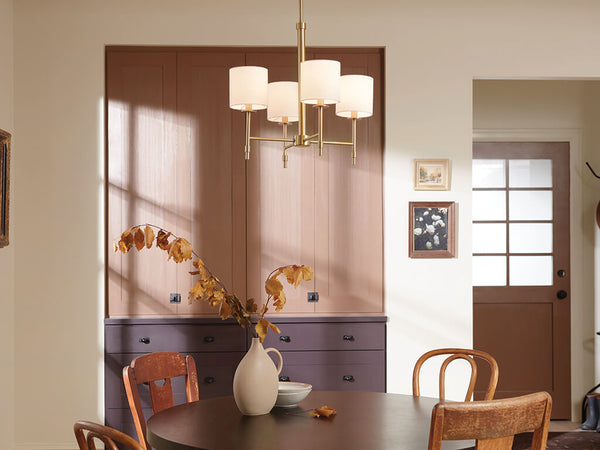 Janie 20" Four Lights Mini Chandelier, Brushed Natural Brass / Fabric Drum Shade