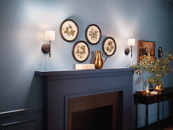 Janie 5" One Light Wall Sconce, Black / Fabric Drum Shade