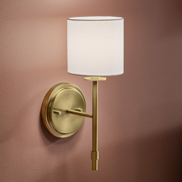 Janie 5" One Light Wall Sconce, Brushed Natural Brass / Fabric Drum Shade