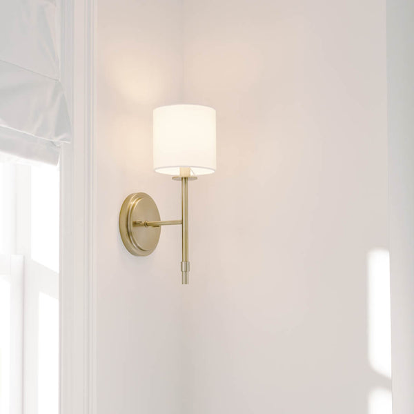 Janie 5" One Light Wall Sconce, Brushed Natural Brass / Fabric Drum Shade