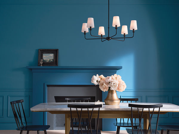 Mariella 32" Six Lights Chandelier, Black / Fabric Bell Shade