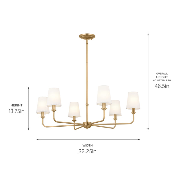 Mariella 32" Six Lights Chandelier, Brushed Natural Brass / Fabric Bell Shade