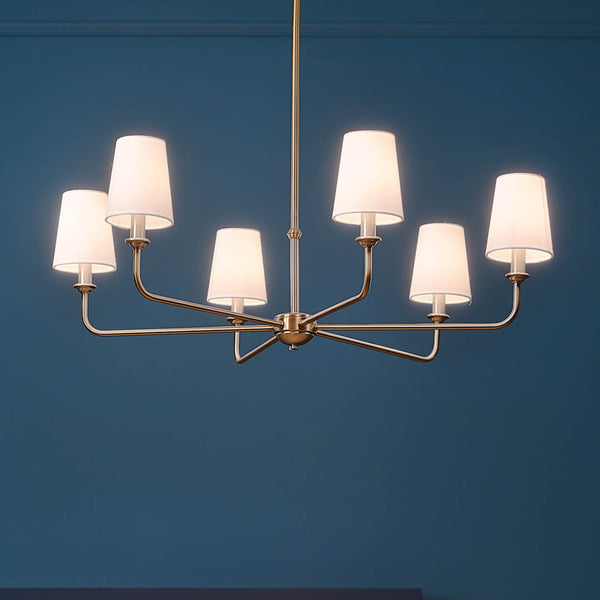 Mariella 32" Six Lights Chandelier, Brushed Natural Brass / Fabric Bell Shade