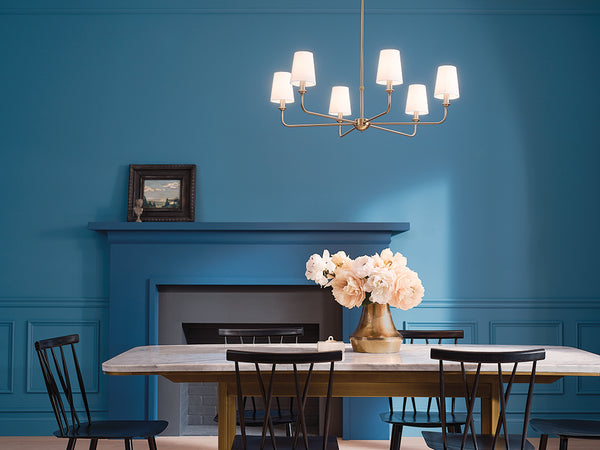 Mariella 32" Six Lights Chandelier, Brushed Natural Brass / Fabric Bell Shade