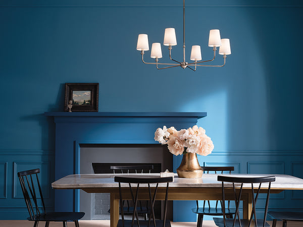 Mariella 32" Six Lights Chandelier, Polished Nickel / Fabric Bell Shade