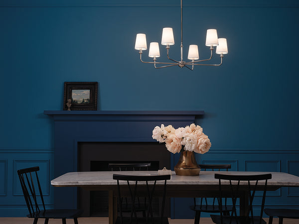 Mariella 32" Six Lights Chandelier, Polished Nickel / Fabric Bell Shade