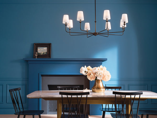 Mariella 43" Eight Lights Chandelier, Black / Fabric Bell Shade