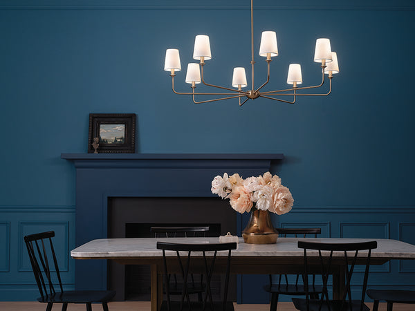 Mariella 43" Eight Lights Chandelier, Brushed Natural Brass / Fabric Bell Shade