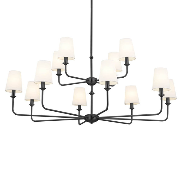 Mariella 43" Twelve Lights Chandelier, Black / Fabric Bell Shade