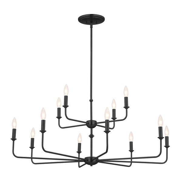 Mariella 43" Twelve Lights Chandelier, Black / Fabric Bell Shade