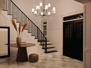 Mariella 43" Twelve Lights Chandelier, Black / Fabric Bell Shade