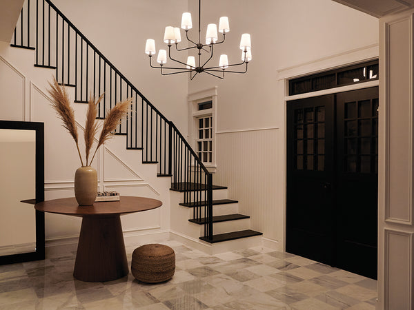 Mariella 43" Twelve Lights Chandelier, Black / Fabric Bell Shade