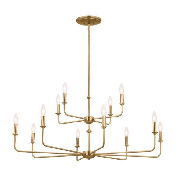 Mariella 43" Twelve Lights Chandelier, Brushed Natural Brass / Fabric Bell Shade