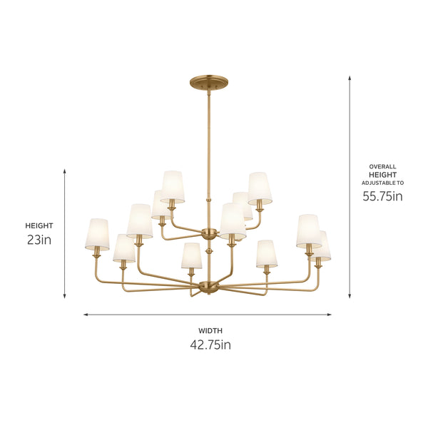 Mariella 43" Twelve Lights Chandelier, Brushed Natural Brass / Fabric Bell Shade