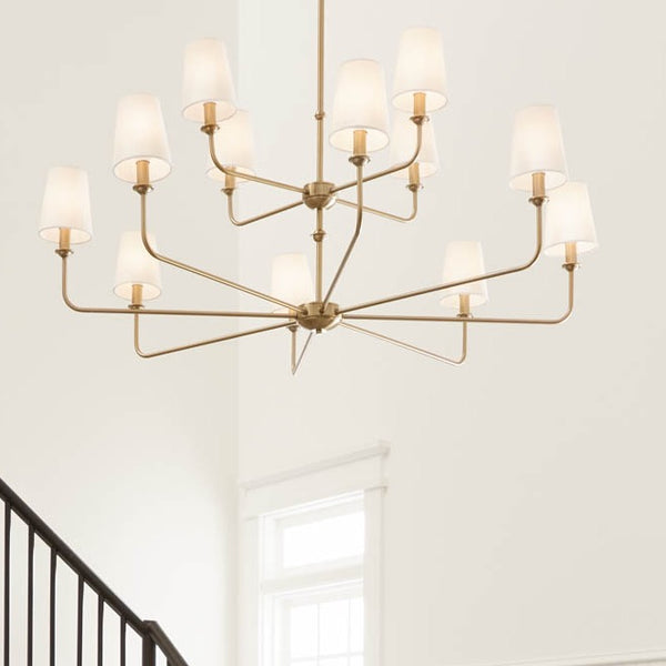 Mariella 43" Twelve Lights Chandelier, Brushed Natural Brass / Fabric Bell Shade