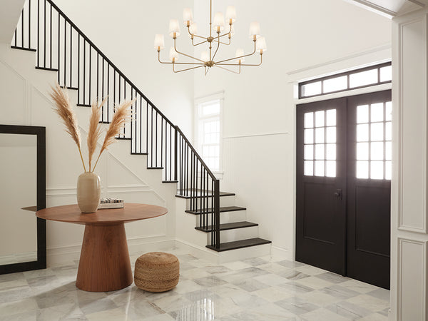 Mariella 43" Twelve Lights Chandelier, Brushed Natural Brass / Fabric Bell Shade