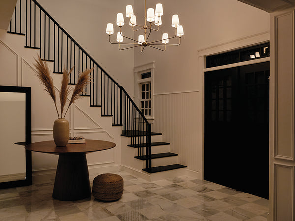 Mariella 43" Twelve Lights Chandelier, Brushed Natural Brass / Fabric Bell Shade