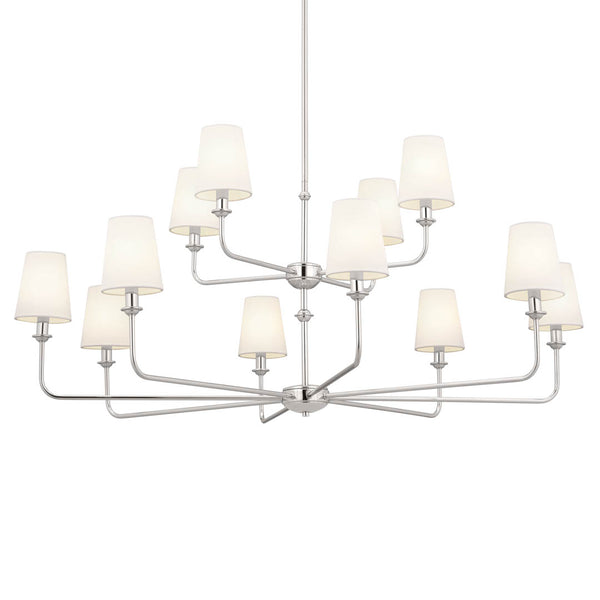Mariella 43" Twelve Lights Chandelier, Polished Nickel / Fabric Bell Shade