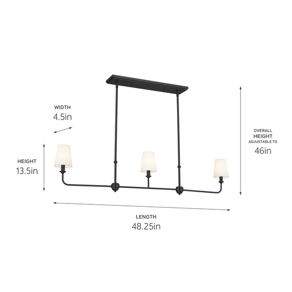 Mariella 4" Three Lights Linear Chandelier, Black / Fabric Bell Shade