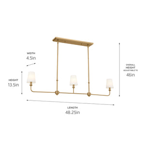 Mariella 4" Three Lights Linear Chandelier, Brushed Natural Brass / Fabric Bell Shade