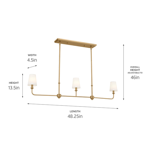 Mariella 4" Three Lights Linear Chandelier, Brushed Natural Brass / Fabric Bell Shade