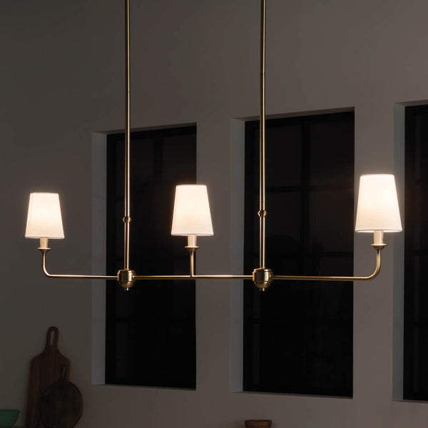 Mariella 4" Three Lights Linear Chandelier, Brushed Natural Brass / Fabric Bell Shade