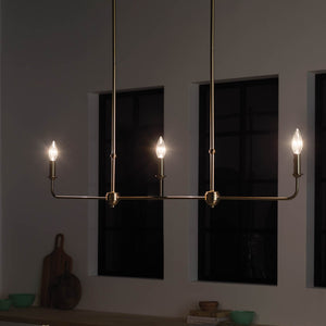 Mariella 4" Three Lights Linear Chandelier, Brushed Natural Brass / Fabric Bell Shade