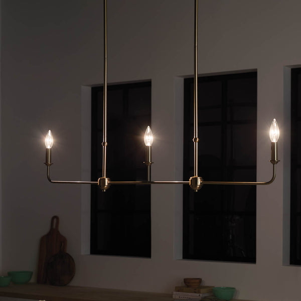 Mariella 4" Three Lights Linear Chandelier, Brushed Natural Brass / Fabric Bell Shade
