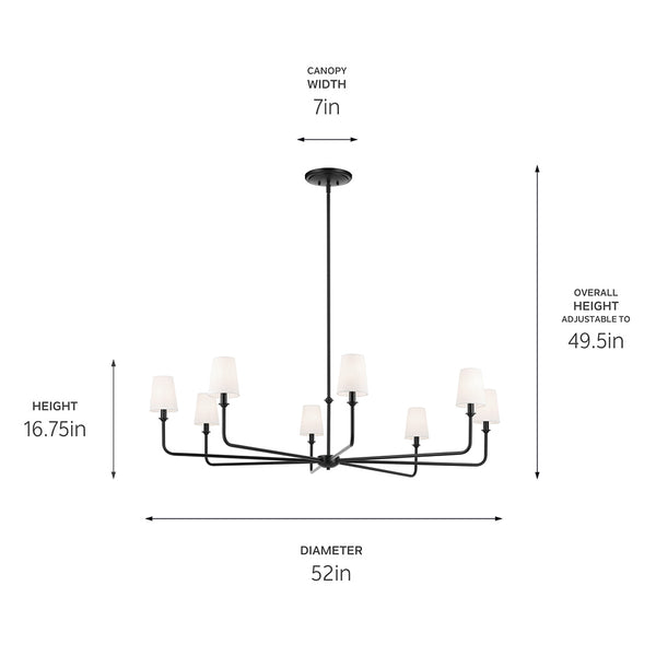 Mariella 52" Eight Lights Chandelier, White Linen Shade / Black