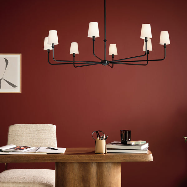 Mariella 52" Eight Lights Chandelier, White Linen Shade / Black