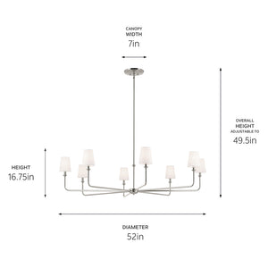 Mariella 52" Eight Lights Chandelier, White Linen Shade / Polished Nickel