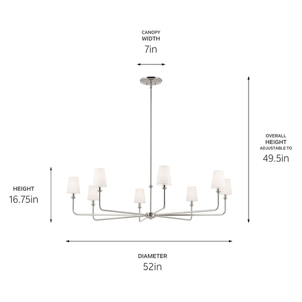 Mariella 52" Eight Lights Chandelier, White Linen Shade / Polished Nickel