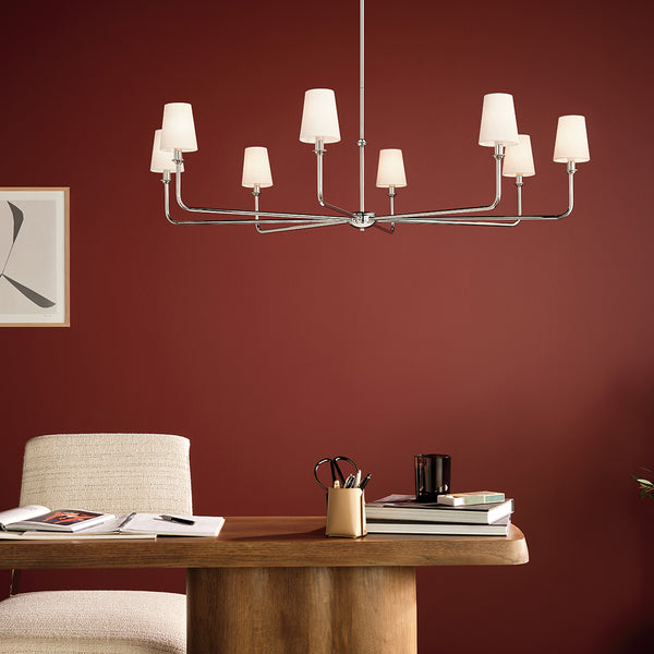 Mariella 52" Eight Lights Chandelier, White Linen Shade / Polished Nickel