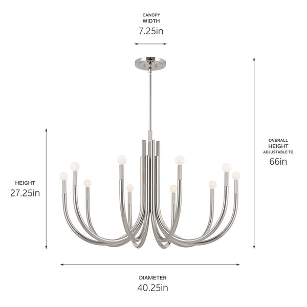Bruno 40" Ten Lights Chandelier, Polished Nickel