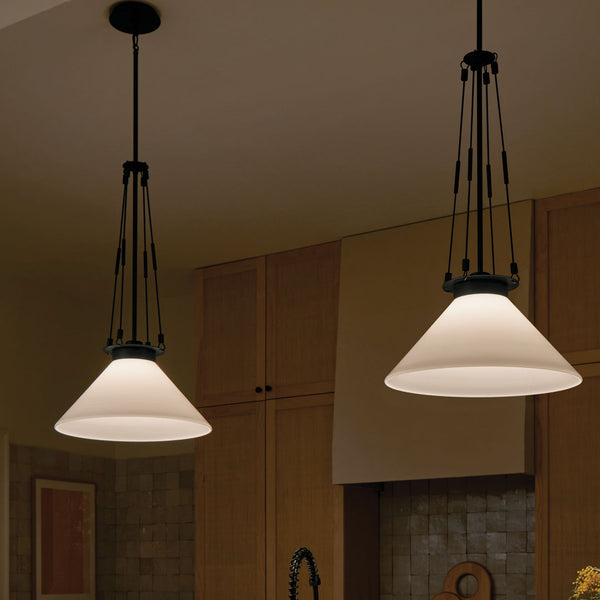 Ansel 18" One Light Pendant, Opal Glass / Black