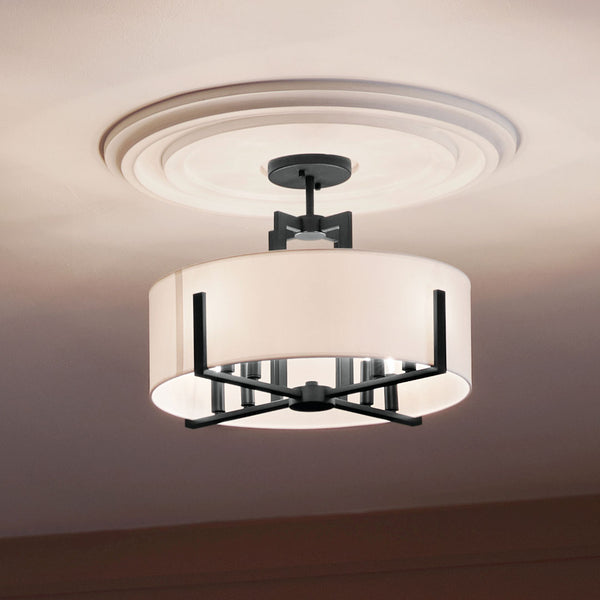 Ryker 20" Eight Lights Pendant, White Fabric Shade / Black