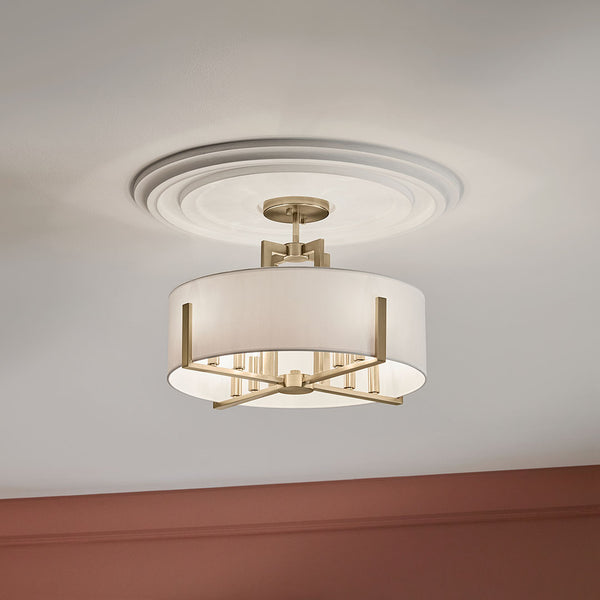 Ryker 20" Eight Lights Pendant, White Fabric Shade / Champagne Bronze